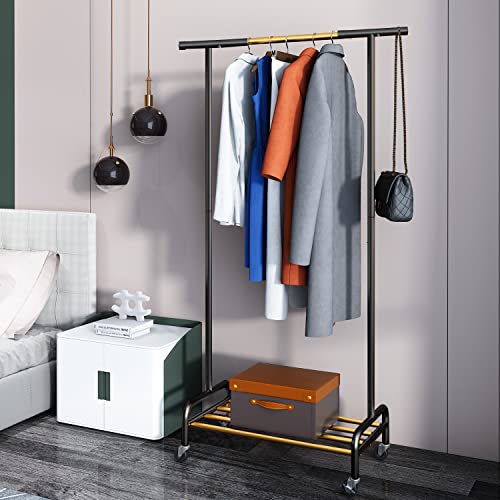 Portant a Vêtements, 3 en 1 Porte-vêtements sur Roulettes, Multifonctionnel Porte Manteau, Portant à Roulettes Verrouillables, Tringle Vetement pour Chambre, Portant en Métal