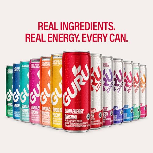 Image of GURU Organic Energy Drink, Original, Natural Caffeine, 8.4 Fl Oz, 24 Pack | 100 MG Natural Caffeine for Workouts, Performance & Midday Boost, Plant Based, Gluten Free, Vegan, No Artificial Sweeteners