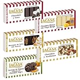 Pack Surtido 5 Turrones Lacasa:Mazapán de Nata con Nueces, Naranja de España Confitada,Blanco con Tequi Mango,Chocolate y Avellanas,Chocolate y Coco