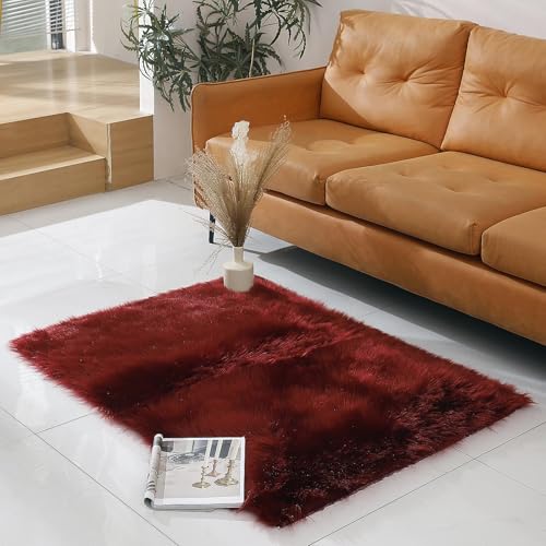 Image of linmopm Super Soft Fluffy Faux Fur Sheepskin Rugs Bedroom Floor Sofa Living Room Runner High-Density Cushion Plush Carpet Sofa Cover Bedside Rugs (Red, 3x4 ft Rectangle)