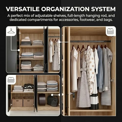 Image of FFO Tokyo 4 Door Wooden Wardrobe for Bedroom with Hanging Rod, Shelves & Lock | Modern Clothes Storage Almirah /Cabinet with Black & Milok Wood | Wardrobe Organizer for Clothes, Dresses DIY.