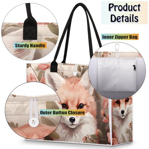 POFATO Art Fox Rose Tote Bag for Women Large Beach Bag Reusable Tote Bags for Work Travel Beach Shopping4