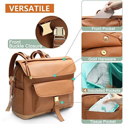 Mominside Diaper Bag Backpack, 12 Pockets Leather Baby Bag Backpack, Baby Registry Search, Fits 13 Inches Laptop, 4 Insulated Pockets, Changing Pad, Stroller Straps, For Mom (Brown) #TOP3