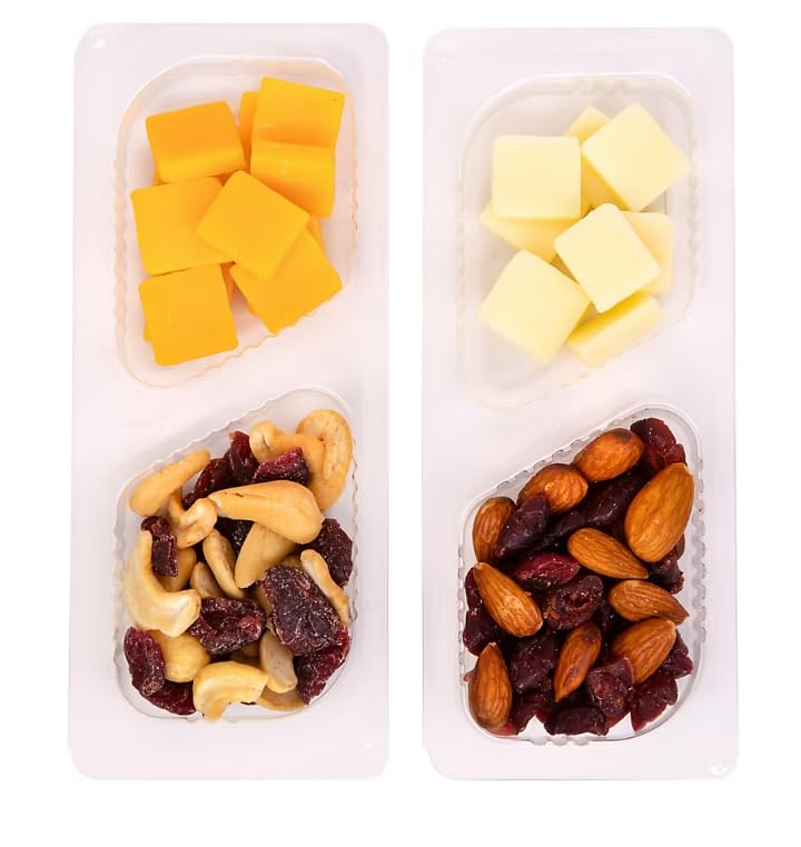 Cheese Fruit & Nut Snack Packs , Are perfect for an on-the-go snack! Featuring 12 individual packs and two varieties - six with Natural Sharp Cheddar Cheese, Sea-Salted Roasted Cashews and Sweetened Dried Cranberries, and six with Natural White Cheddar Cheese, Sea-Salted Roasted Almonds and Sweetened Dried Cranberries. The packs feature two compartment trays, one with bite size pieces of cheese and the other with a blend of fruit and nuts. [ 18 oz , 1.12 lb ]