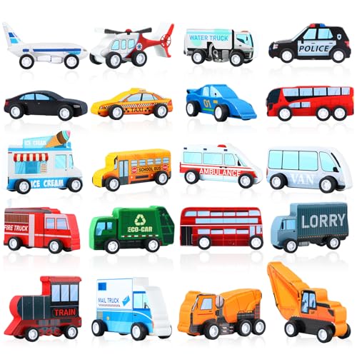 Blosssound 20 Pcs Wooden Car Vehicle Set for Toddlers Wooden Vehicle Community Helpers Toys with Police Fire Trucks Ambulance Car Toys Gift for Kids Preschool Classroom Educational Activity