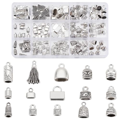 PH PandaHall 120pcs 15 Styles Cord End Caps 9~20mm Antique Silver Cord End Caps Tibetan Leather Cord End Alloy Tube Barrel End Tip for DIY Crafts Jewelry Making Necklace Bracelet Anklet