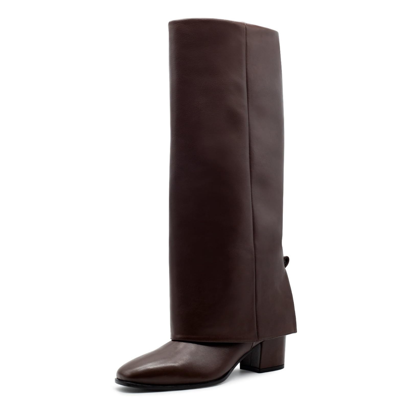 Goolita Fold Over Boots For Women Round Toe Chunky Heel Knee High Boots Fashion Comfortable Slip On Tall