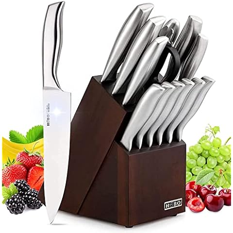 HOBO Knife Set, 14 Piece Kitchen Knifes Set with Block Wooden, Germany high-Carbon Stainless Steel Chef Knife, Bread Knife, Utility Knife, Steak Knife, Scissors Cover