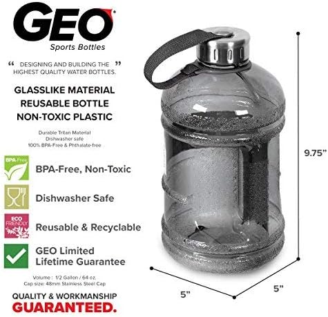 Geo Sports Bottles 1/2 Gallon (64 oz) BPA Free Reusable Leakproof Wide Mouth Sports Water Jug Bottle with Handle and 48mm Stainless Steel Cap (Black) - Image 5
