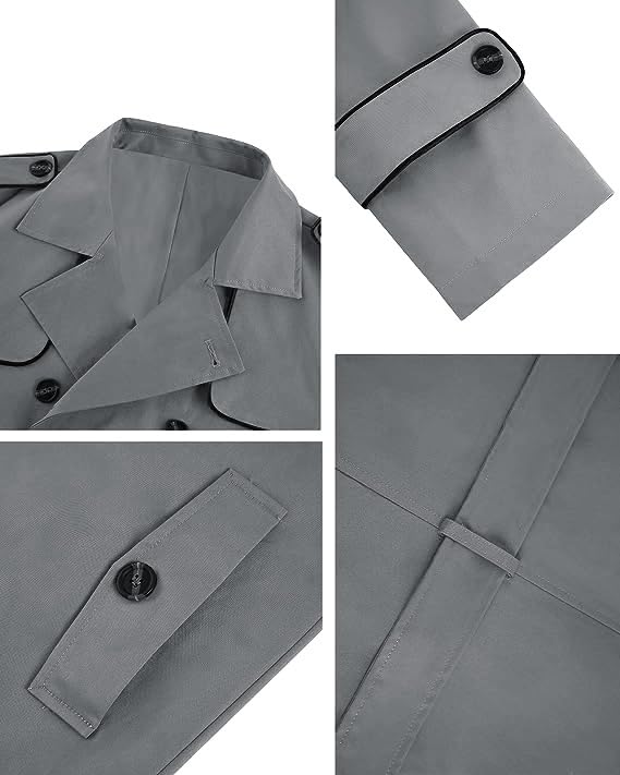 Image of Makkrom Men's Trench Coat Slim fit Double Breasted Notched Lapel Belted Windbreaker Long Jacket Casual Windproof Overcoat