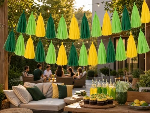 Image of Green Yellow and Green Light Tassel Garland Banner Paper Tassels for Party Decorations,Pack of 15