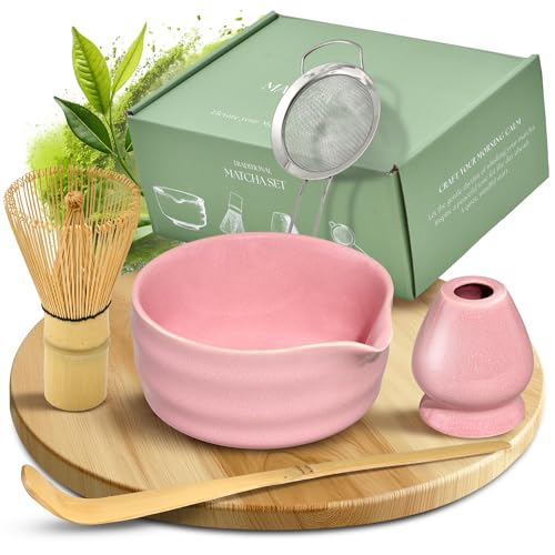 comforder Matcha Set mit Besen Komplett mit Matchaschale mit Ausgießer Chasen Halter Löffel und Edelstahlsieb 500 ml Schale in Geschenkdose 5-teilig Rosa