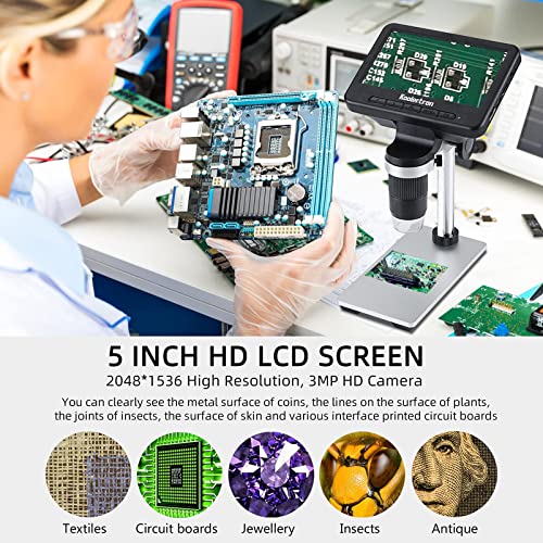 Koolertron 5" Lcd Digital Microscope Video Microscope With In-Line Control,1000X,Support Sd Card,1080Fhd Usb Microscope With Wifi Function And Metal Stand, Compatible With Windows Iphone Android Ipad #TOP5