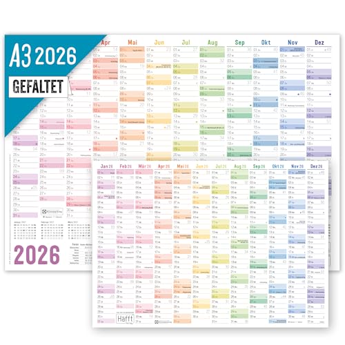 Häfft Wandkalender 2026 A3 gefalzt (42 x 29 7 cm) Rainbow Wandplaner mit Ferien-Übersicht und Feiertagen + gratis A4-Kalender - nachhaltig & klimafreundlich