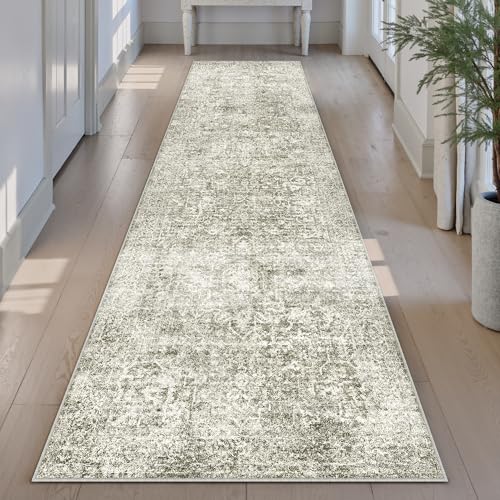 2x8 Runner Rug Washable Vintage Neutral Indoor Hallway Carpet Non Slip Taupe Bedroom Low Pile Kitchen Distressed Long Retro Accent Throw Rug for Bathroom Dining Laundry Living Room