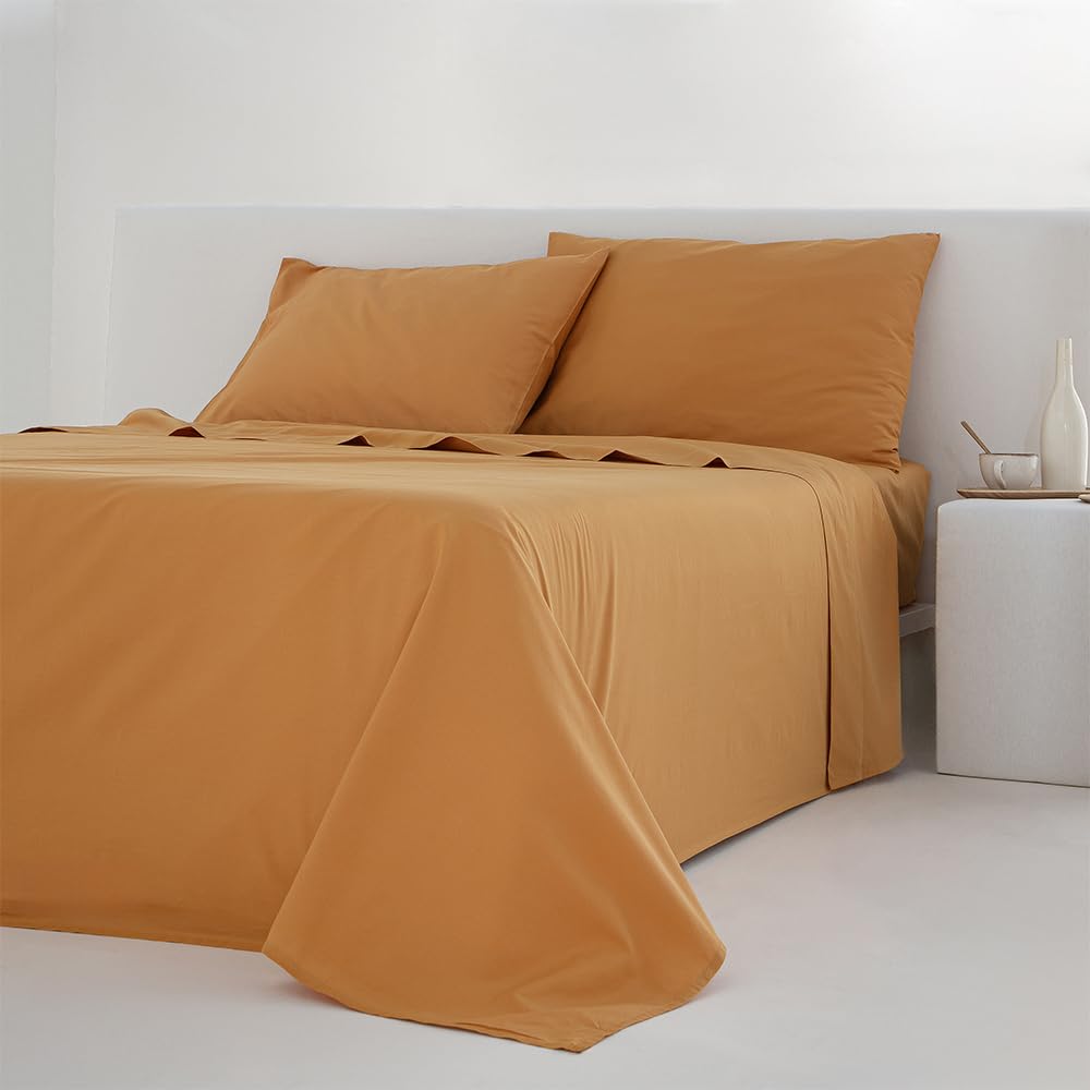 COTTON ARTean Noa Ocre Parure de lit 4 pièces en percale de coton 200 fils 150 x 190/200 cm