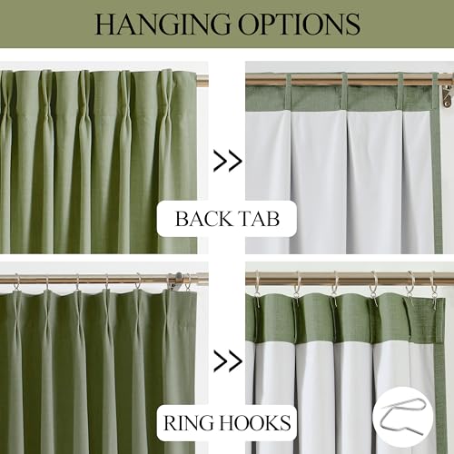 Image of Vision Home Dark Green Pinch Pleated Full Blackout Curtains Linen Blended Room Darkening Curtain Panels 108 inch for Living Room Bedroom Thermal Insulated Pinch Pleat Drapes with Hooks 40 inch Wx108 Lx2