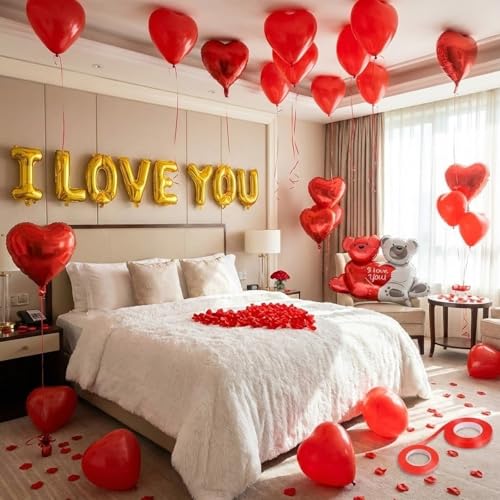 Image of I Love You Balloons And Anniversary Balloons Set,Romantic Balloons | Red Rose,Anniversary Decorations For Wedding Confession Proposal Birde Shower Boyfriend Girlfriend Couple