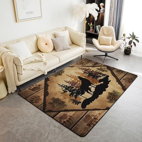 Homewish Wolf Area Rug Jungle Pine Cones Trees Wild Animal Non Slip Rug for Kids Teens Adults Paw Print Retro Wooden Stripes Rustic Style Indoor Floor Mat for Couch Chairs 3'x5' Cover