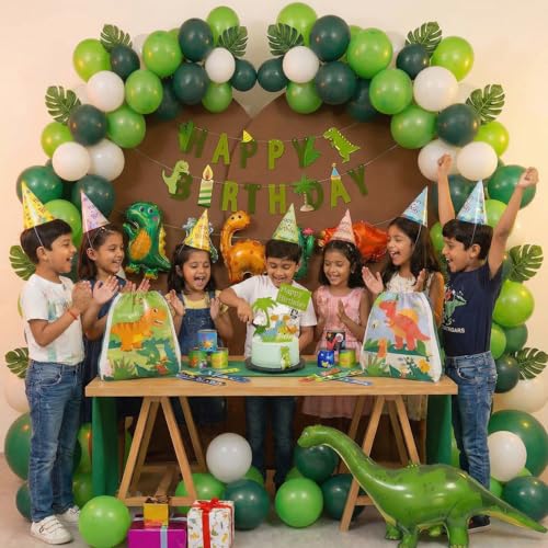 Image of Party Propz Dinosaur Jungle Theme Birthday Decoration Kit with Return Gifts Set - 84 Pcs, Dinosaur Foil Balloon - 50 Inch, Dinosuar Bag Return Gifts, Happy Birthday Decoration Kit for Boys (Cardstock)