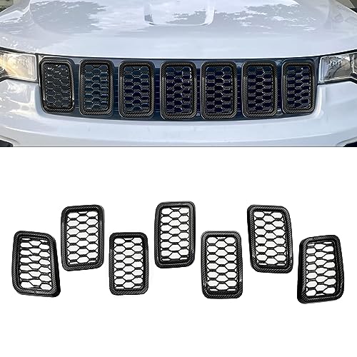 Image of 7PCS Honeycomb Mesh Front Grill Inserts Kits Fit for Jeep Grand Cherokee 2017 2018 2019 2020 2021 Carbon Fiber Style
