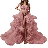 PRESEOSSA Dusty Rose Maternity Dress Tulle Robe Pregnancy Gown for Photoshoot Puffy Ruffles Bridal Lingerie Bathgown Sheer Wedding Scarf for Baby Shower S/M