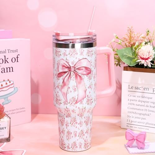 Whaline 40oz Bow Floral Tumbler with Handle Straw and Lid Coquette Bowknot Travel Tumbler Watercolor Flower Blossoms Cup Flower Coffee Cup for Women Friend Gift Holiday Birthday - Thumbnail 5