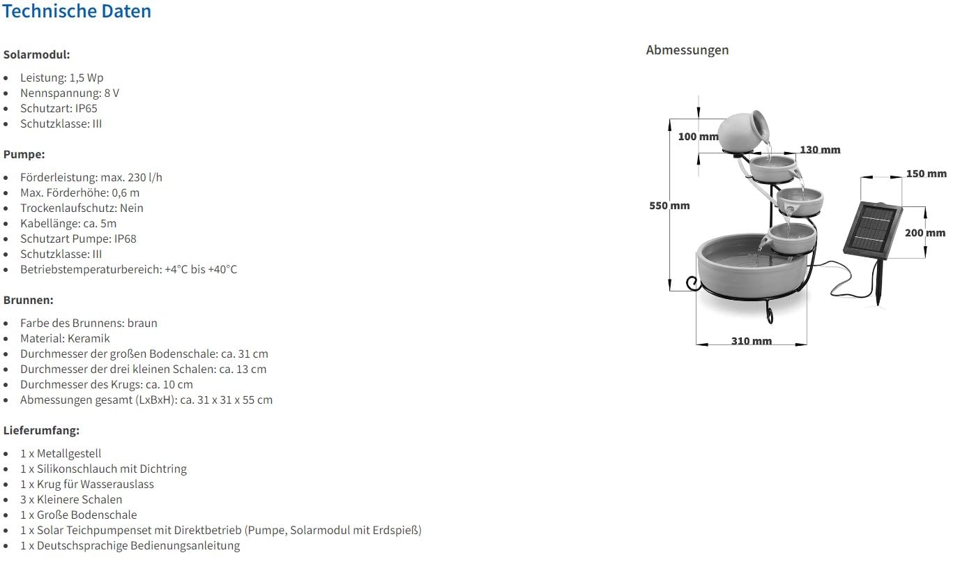 esotec Solar Kaskadenbrunnen Livorno, Keramik, Gartenliebhaber Geschenk, Springbrunnen außen, Gartenbrunnen Wasserspiel, Katzenbrunnen, Terrakotta braun H=55cm 101302