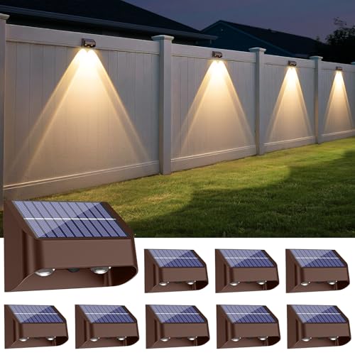 Brighter Solar Fence Lights-3000/4000/6000K 3 Mode,Solar Lights Outdoor Waterproof,Dusk to Dawn Deck Light, Outdoor Lighting for Backyard/Railing/Wall/Step/Patio(8 Pack,Brown)