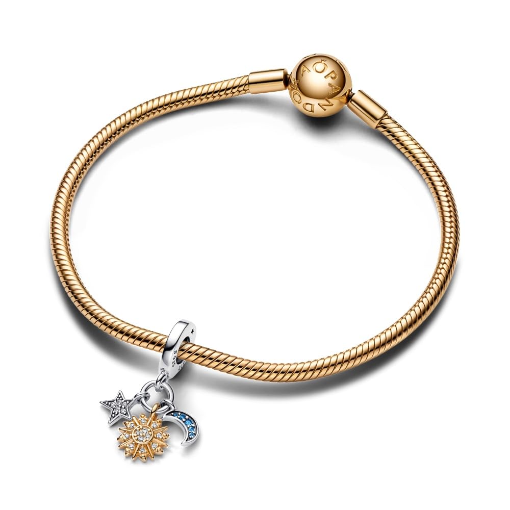 PANDORA Bicolor Himmlischer Dreifacher Charm-Anhänger aus Sterling Silber mit 14 Karat vergoldeter Metalllegierung, Cubic Zirkonia, Kompatibel Moments, 762676C01