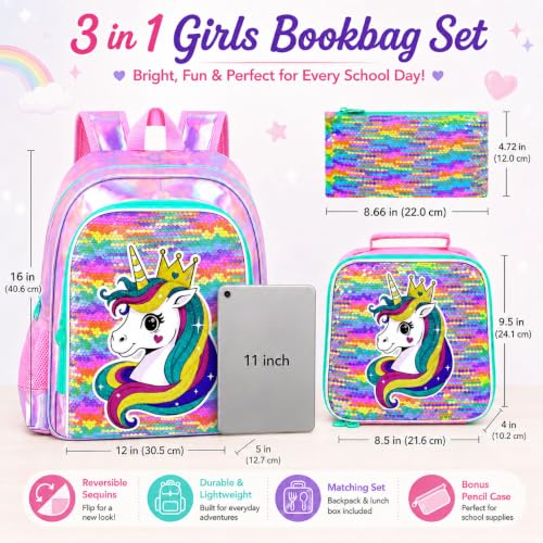 Image of CCJPX 3Pcs Unicorn Backpack for Girls, 16 inch Kids Sequin Bookbag with Lunch Box, Water Resistant Elementary School Bag for Kindergarten Preschool Toddler (Rainbow)