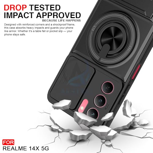 Image of AESTMO Realme 14X / P3X / C75 / Narzo 80X 5G Back Cover |Armor Camera Slider 360 Degree Rotating Finger Ring Holder Case with Bracket Stand Back Case Cover (Compatible with MagSafe Accessories)(Black)