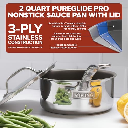 Image of Viking PureGlide Pro 3-Ply Nonstick Sauce Pan, Made without PFAS, 2-Quart Induction Cooking Pot with Lid, Metal Utensil Safe Titanium Nonstick Surface, Oven Safe to 600F