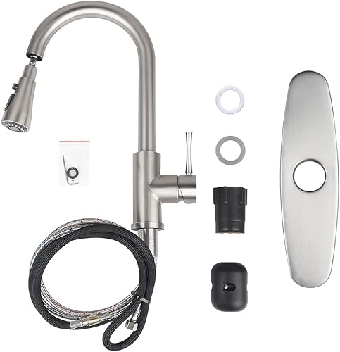 Miniatura 7 de RWUSNX Grifo de cocina de una sola manija con rociador extraíble, grifo de fregadero de cocina de níquel cepillado con placa de cubierta de 3