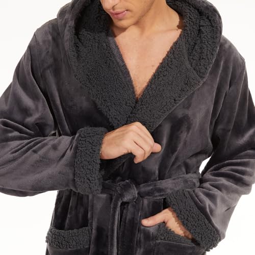 ccko Mens Robe with Hood, Big and Tall Warm Soft Plush Robes for Men, Men's Bathrobe with Pockets for Spa Bath Shower4