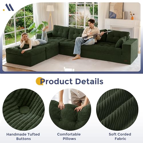 Image of MAXYOYO 132 inch U Shaped Modular Sectional Sofa with 2 Ottomans, Cloud Boneless Couch with Layered Cushion, Flexible Module Combination Sofa for Living Room, No Assembly Required, Dark Green