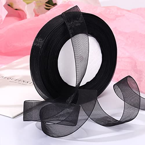 Muwoob 1 Inch Black Organza Ribbon, 50 Yard Sheer Chiffon Ribbon For Gift Wrapping, Transparent Wired Tulle Ribbon For Holiday Presents, Birthday Cards, Wedding Party Decoration, Hair Bows Making #TOP3