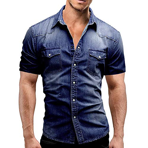 Tops for Men Denim Button Short Sleeve with Pocket Fashion Slim Fit T-Shirts Summer Button Casual Blouse Tee