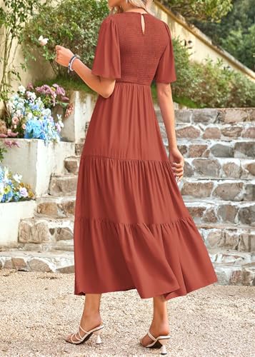 Image of KIRUNDO Summer Dresses for Women 2026 Spring Casual Flutter Short Sleeve Wedding Guest Smocked Flowy Tiered Aline Midi Dress