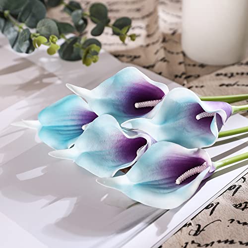 Duovlo 20Pcs Calla Lily Bridal Wedding Bouquet Lataex Real Touch Artificial Flower Home Party Decor (Purple In Blue) #TOP4