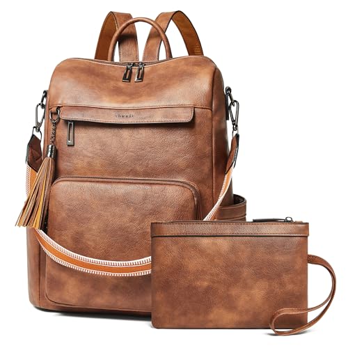 Shrrie Mochila feminina de couro vegano para laptop de 15,6 polegadas, mochila de viagem moderna para viagem, trabalho na faculdade, 2 tons marrons, Moderna, tradicional