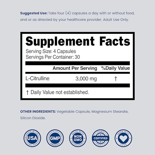 Image of L Citrulline 3000mg Supplement (120 Capsules) Support L Arginine & Nitric Oxide Pills - L-Citrulline For Men & Women - Muscle Recovery & Pump Supplement - 3rd Party Tested, Vegan, Non-GMO - USA Made