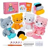 Fortuning's JDS Crochet Kit for Beginners - Cat Crochet Kit with Step-by-Step Video Tutorials, Learn to Crochet Kits for Adults, 4 PCS Crochet Animals Cat with Hat, Toy, Fish Crocheting Set