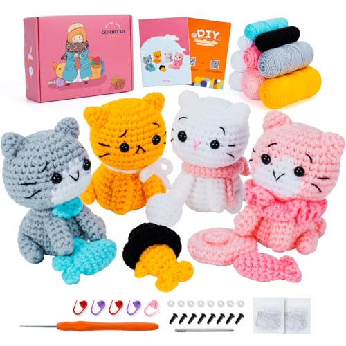 Fortuning's JDS Crochet Kit for Beginners - Cat Crochet Kit with Step-by-Step Video Tutorials, Learn to Crochet Kits for Adults, 4 PCS Crochet Animals Cat with Hat, Toy, Fish Crocheting Set