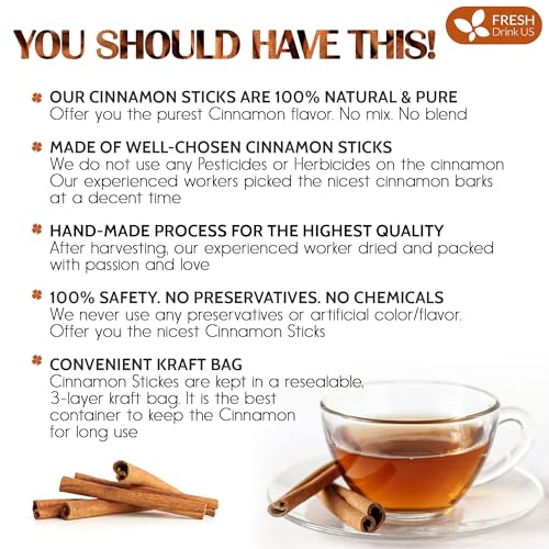 Image of FreshDrinkUS, Premium 30+ Cinnamon Dried Sticks, Whole Sticks, 100% Natural & Pure Cinnamon Inner Bark, Raw Spice Flavor & Strong Aroma, Herbal Tea, Perfect for Warm Beverages