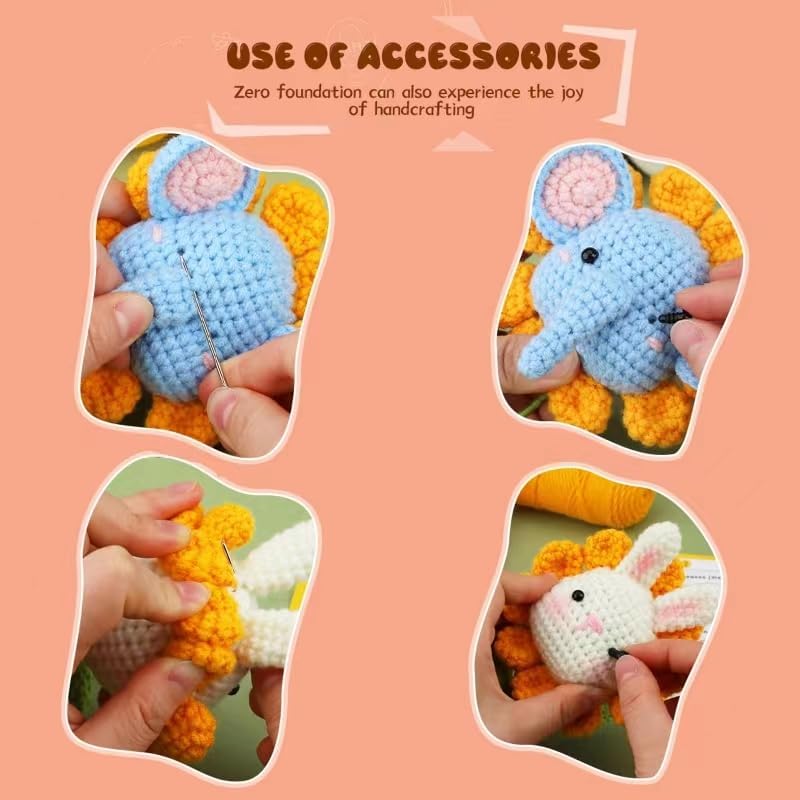 Miniatura 4 de FOSZMAC Kit de ganchillo para principiantes, kit de inicio de ganchillo de flores de elefante y conejo con hilo, ganchos, accesorios completos paso