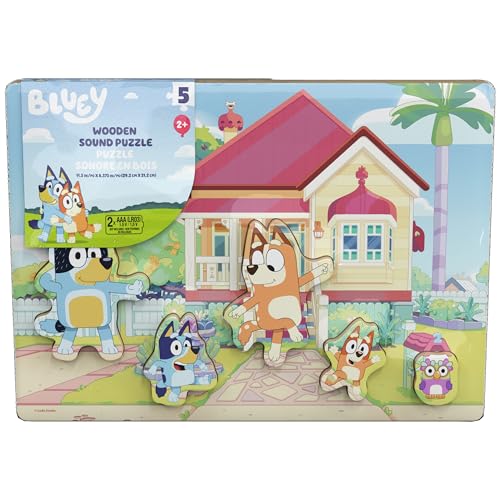 Spin Master Games, Bluey Sound Puzzle, 5-Piece Wood Puzzle for Toddlers & Kids, Featuring Bluey & Family with Sounds, Wooden Toddler Learning Toy, for Ages 3 & Up