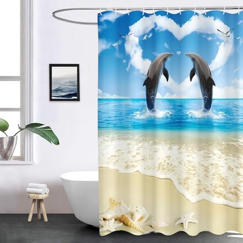 FABTOP Rideau de douche dauphin - 180 x 200 cm - 120 x 200 cm - 3D - Imperméable - Thème océan et dauphin - Bleu - En textile anti-moisissure - 6, 120 x 200...