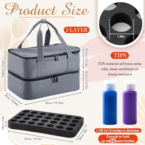Image of Abbylike Acrylic Paint Organizer Case for up to 56 Bottles (2 Oz) Double Layer Art Supply Storage Bag Alcohol Ink Storage Paint Carry Case with Foam Insert and Inner Pocket(Gray)