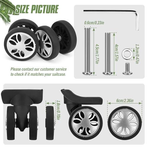 8 Pcs Luggage Wheels Replacement, 60mm/2.36in Wear-Resistant Spare Suitcase Wheels Replacement Luggage Repair Parts Kit for Double Tires, V-A42
